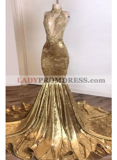 2023 Mermaid Gold High Neck V Neck Prom Dress