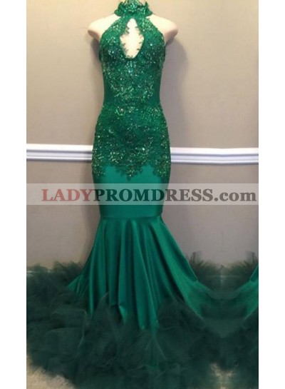 2023 Mermaid Emerald High Neck Feathers Stretchy Key Hole Long Prom Dresses
