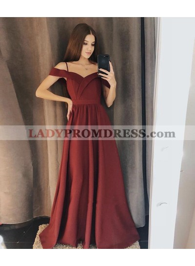 Satin A Line Burgundy Off Shoulder Long 2023 Prom Dresses