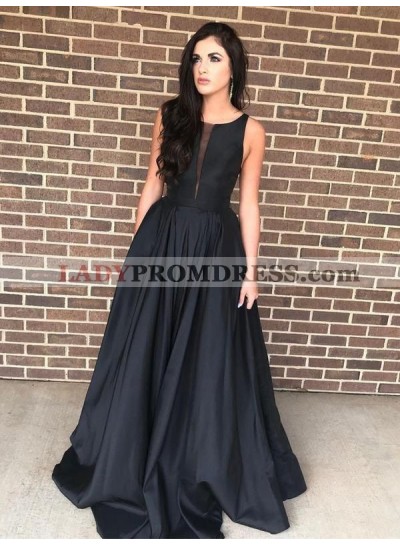 A Line Satin Black Long Scoop Prom Dresses 2023 