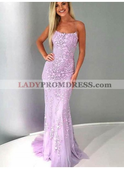 2023 Lilac Sheath Lace Backless Appliques Long Prom Dresses