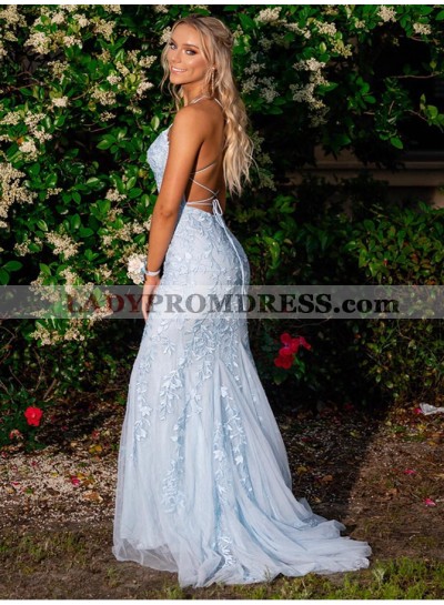 2022 Light Sky Blue Halter Backless Tulle With Appliques Long Prom Dresses