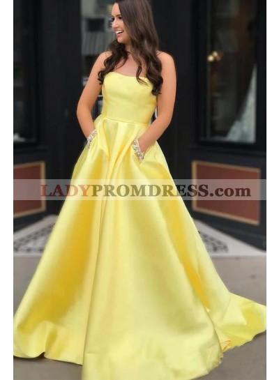 2023 Satin A Line Strapless Beaded Daffodil Pockets Prom Dresses