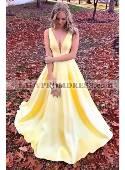 A Line Satin Daffodil V Neck Prom Dresses With Pockets 2023 