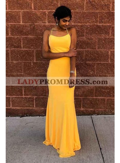 2023 Sheath Yellow Halter Backless Lace Up Floor Length Long Prom Dresses