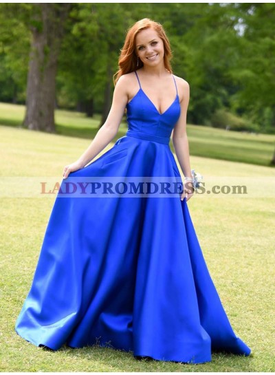 2023 A Line Satin Royal Blue Sweetheart Lace Up Back Long Prom Dresses