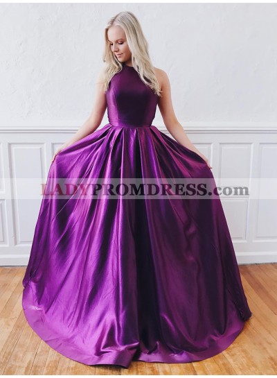 2023 A Line Purple Satin Cross Back Long Prom Dresses