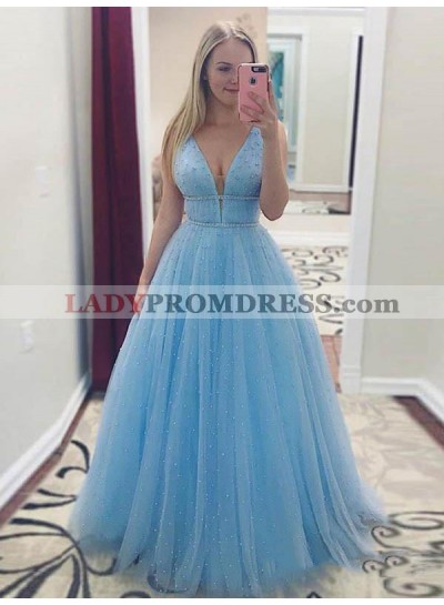2023 A Line Blue Tulle Sweetheart Neck Long Prom Dresses With Pearls