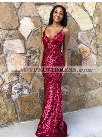 2023 Red Sheath Sweetheart Sequence Lace Up Long Prom Dresses