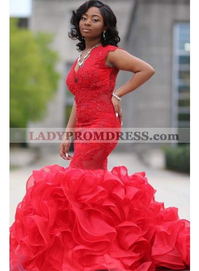 2023 Mermaid Red Ruffles Sweetheart Long Prom Dresses