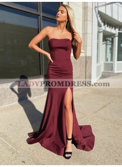 2023 Sheath Strapless Burgundy Lace Up Back Long Prom Dresses