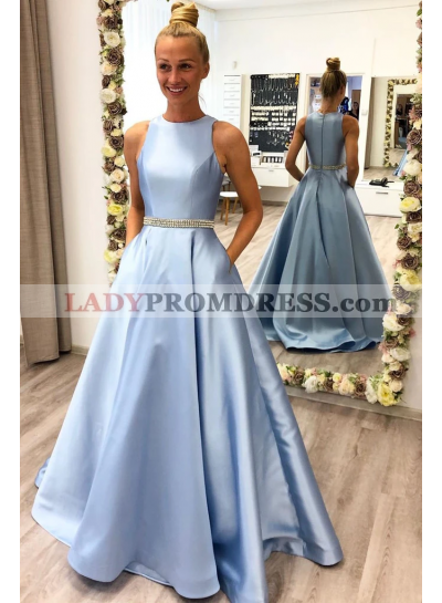 2023 A Line Satin Light Sky Blue Beaded Sash Floor Length Prom Dresses