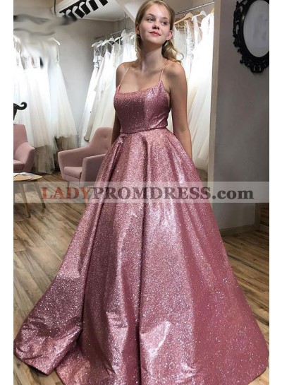 2023 A Line Halter Backless Lace Up Dusty Rose Shiny Long Prom Dresses