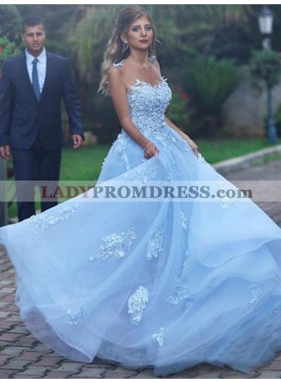 2023 A Line Blue Tulle Appliques Backless Long Prom Dresses