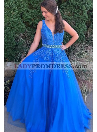 2023 A Line Royal Blue V Neck Tulle With Appliques Open Back Long Prom Dresses