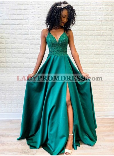 2023 Side Slit Hunter Green Sweetheart Lace Up Long A Line Elastic Satin Prom Dresses