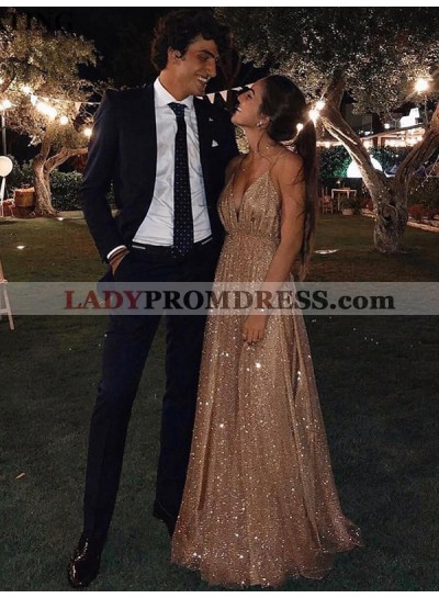 A Line Side Slit Champagne Backless Sequence Long Shiny V Neck Prom Dresses 2023