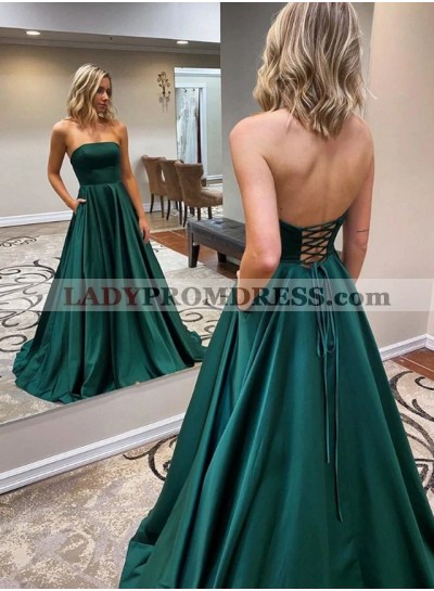 Strapless Hunter 2023 Long A Line Satin Prom Dresses Lace Up With Pockets