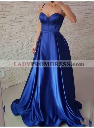 2023 Royal Blue Halter Sweetheart A Line Satin Long Prom Dresses
