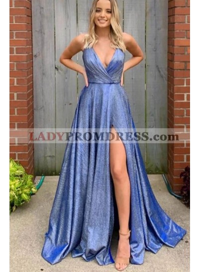 V Neck A Line Side Slit Long Blue Prom Dresses 2023 
