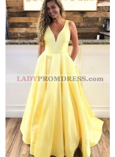 A Line Satin V Neck 2023 Daffodil Prom Dresses With Pockets 