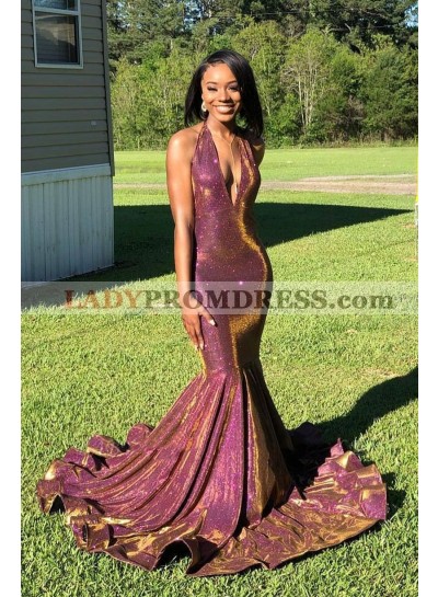 Mermaid 2023 Backless Long Halter V Neck Prom Dresses