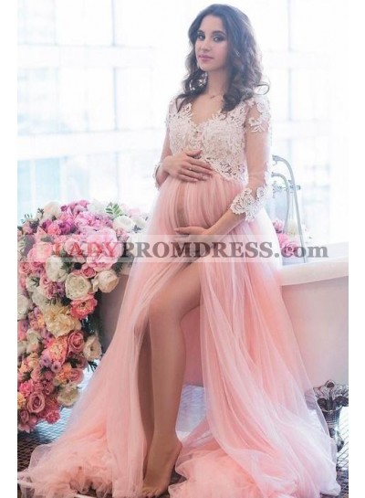 Long Sleeves 2023 A Line Tulle Appliques Side Slit Sweetheart Long Prom Dresses