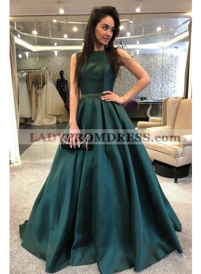 Dark Green 2023 Satin Beaded Sash Long A Line Prom Dresses