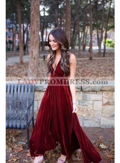 V Neck 2023 A Line Velvet Backless Floor Length Burgundy Prom Dresses