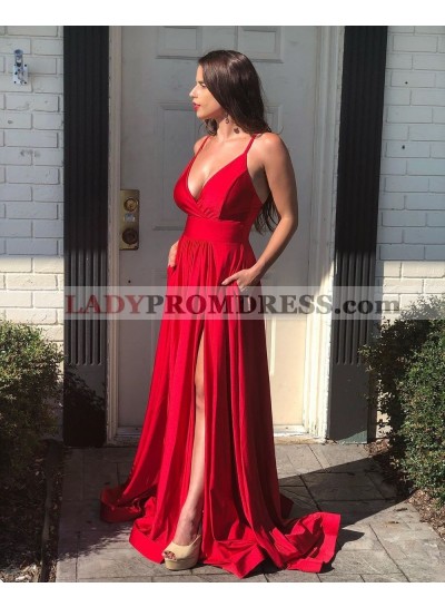 Sweetheart A Line Side Slit Backless 2023 Red Long Prom Dresses