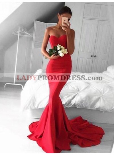 Strapless Mermaid Red Satin Long Prom Dresses