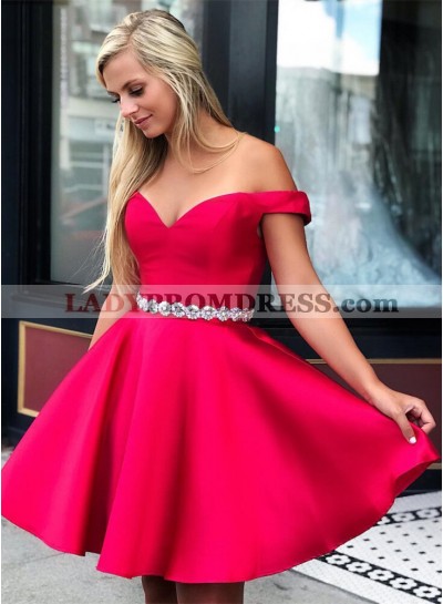 2023 A Line Satin Fuchsia Off Shoulder Sweetheart Beaded Sash Short Homecoming Dresses
