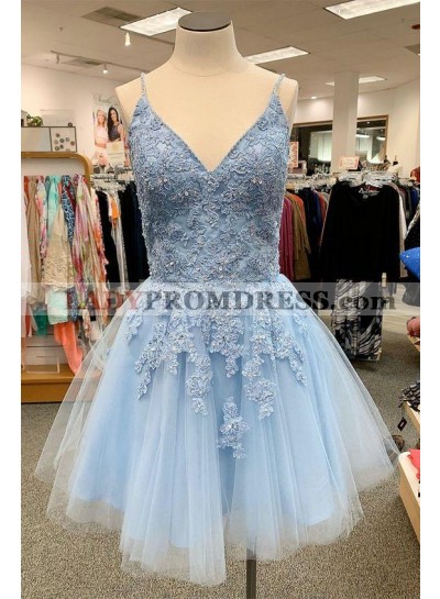 Homecoming Dresses 2023 Blue Sweetheart Tulle With Appliques 