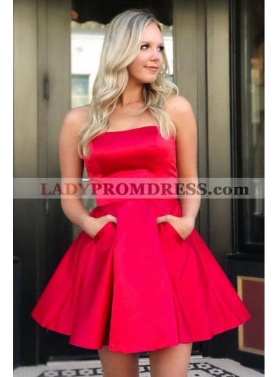 2023 Red A Line Satin Strapless Knee Length Pockets Short Homecoming Dresses