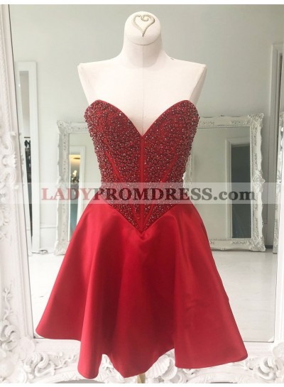 2023 A Line Satin Sweetheart Knee Length Beaded Red Short Homecoming Dresses