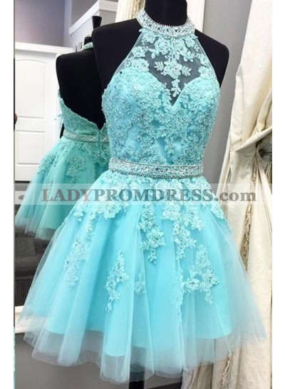 2023 A Line Tulle With Appliques Knee Length Halter Backless Green Short Homecoming Dresses