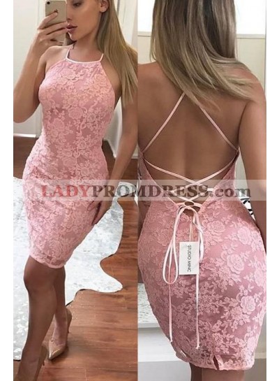 2023 Sheath Halter Lace Up Pink Short Lace Homecoming Dresses
