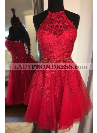 2023 Red Halter Tulle With Appliques Beaded Knee Length Corset Short Homecoming Dresses