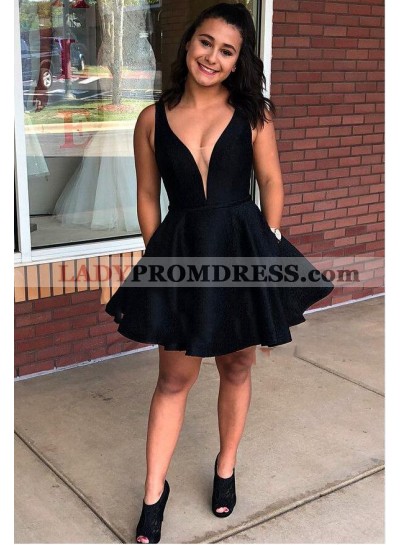 2023 A Line Satin Black V Neck Knee Length Short Homecoming Dresses