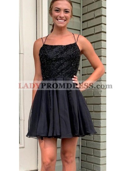 2023 A Line Chiffon Black Halter Corset Short Homecoming Dresses