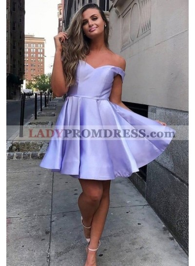 A Line Satin Lavender Off Shoulder Short 2023 Homecoming Dresses