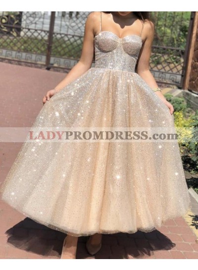 2023 Champagne A Line Sweetheart Shiny Tea Length Homecoming Dresses