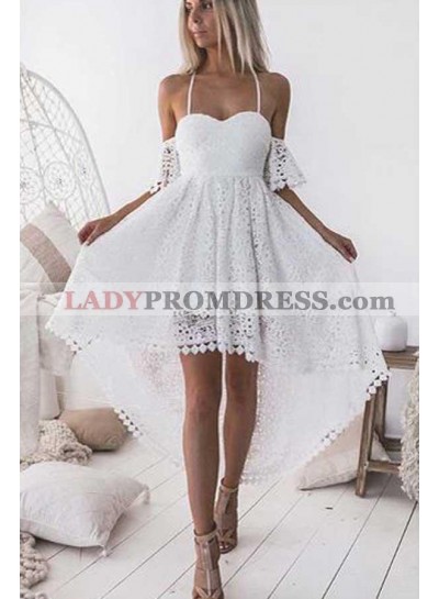 2023 A Line White Halter High Low Lace Short Homecoming Dresses
