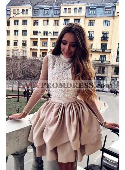 A Line Satin Layered Champagne High Neck Backless Long Sleeves Short Homecoming Dresses 2023