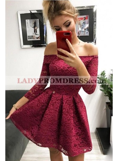 2023 A Line Burgundy Off Shoulder Knee Length Lace Long Sleeves Short Homecoming Dresses