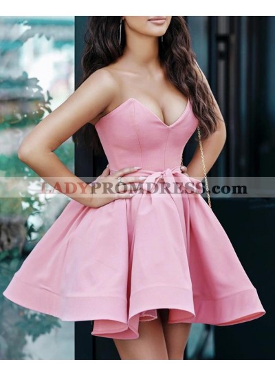 2023 A Line Satin Sweetheart Blue Bowknot Sash Short Homecoming Dresses