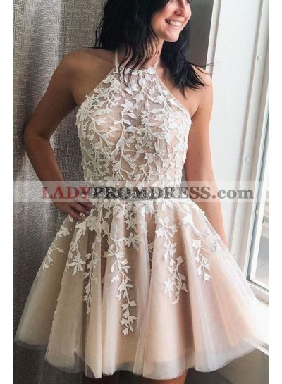 2023 A Line Tulle Champagne Knee Length Halter Short Homecoming Dresses