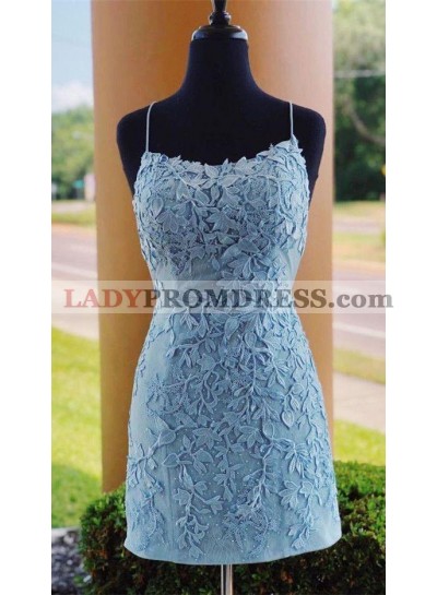 2023 Light Sky Blue Sheath Halter Appliques Knee Length Short Homecoming Dresses