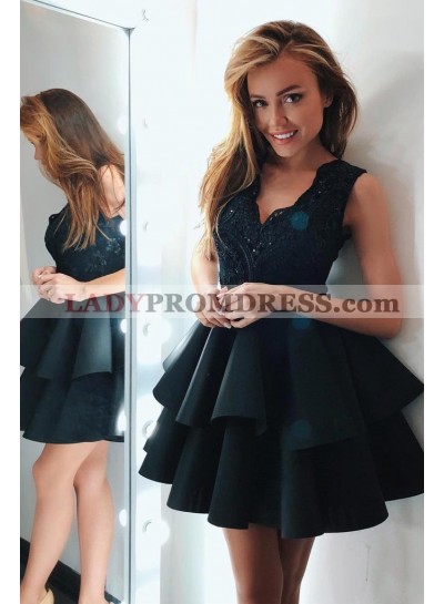 2023 A Line Black Knee Length Layered Lace Short Homecoming Dresses