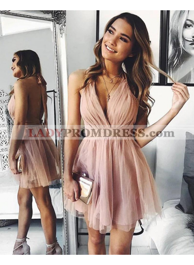 2023 A Line Tulle Dusty Rose Halter Backless Short Homecoming Dresses